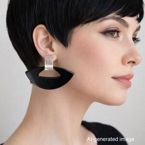 Vintage Geometric Black Acrylic Earrings • Half Moon • Modernist • Statement